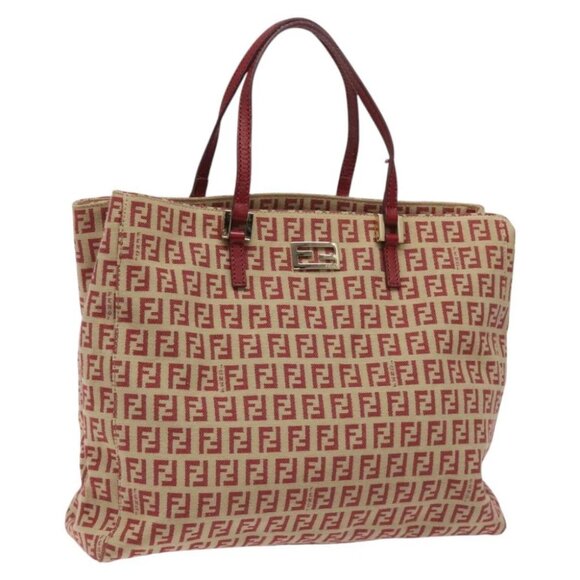 FENDI Zucchino Canvas Tote Bag Red Beige gold